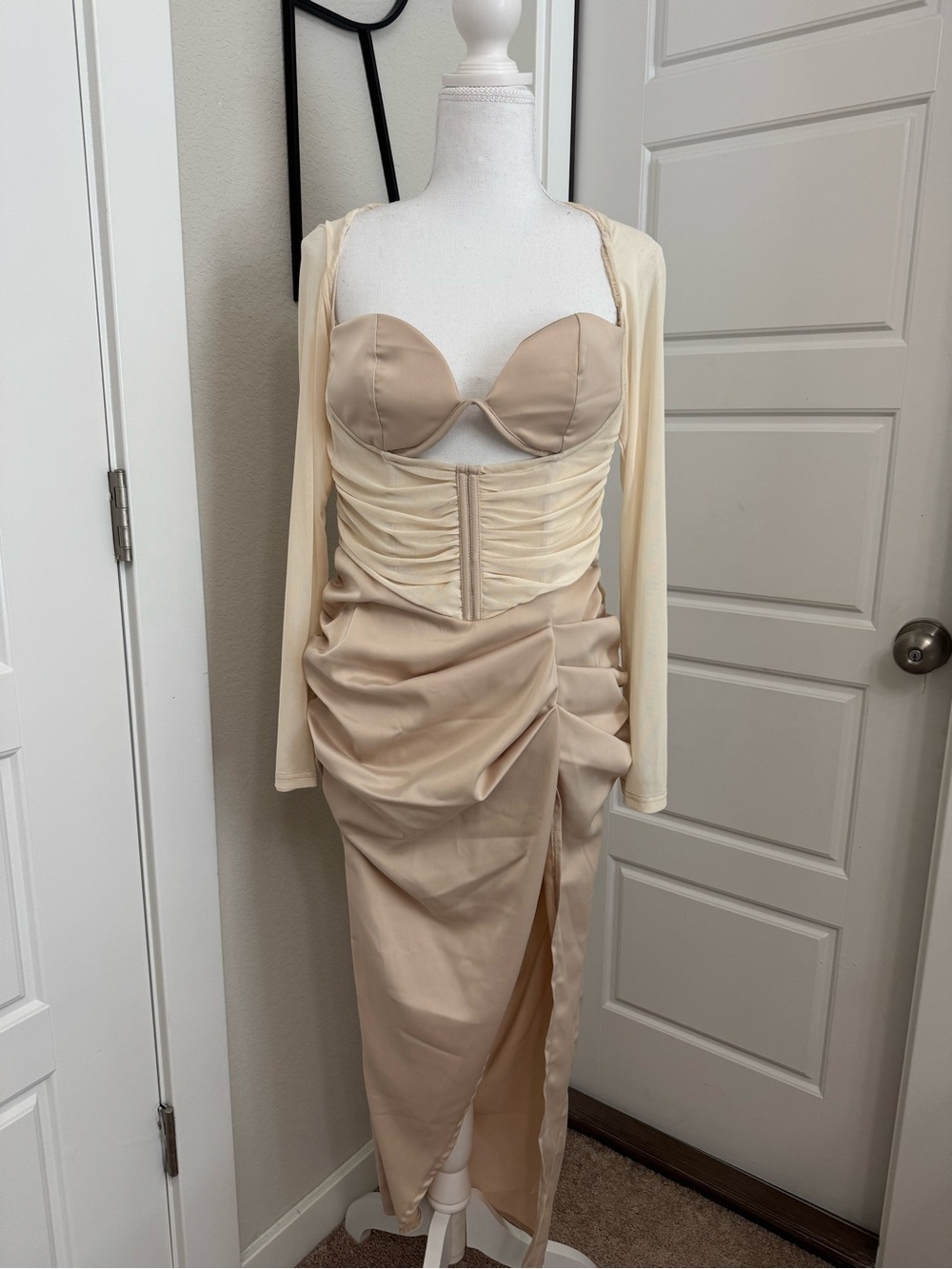 PrettyLittleThing Long Sleeve Beige Ruched Bustier Maxi Dress